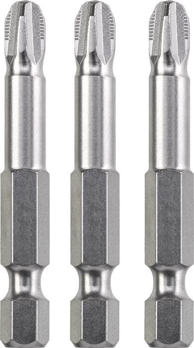 Drei silberne Schraubendreher-Bits mit sechskantiger Basis und runder Spitze, nebeneinander aufgereiht.