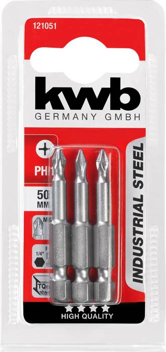 Verpackung mit drei Schraubendreher-Bits von 'kwb Germany GmbH', 50 mm, für Phillips-Schrauben.