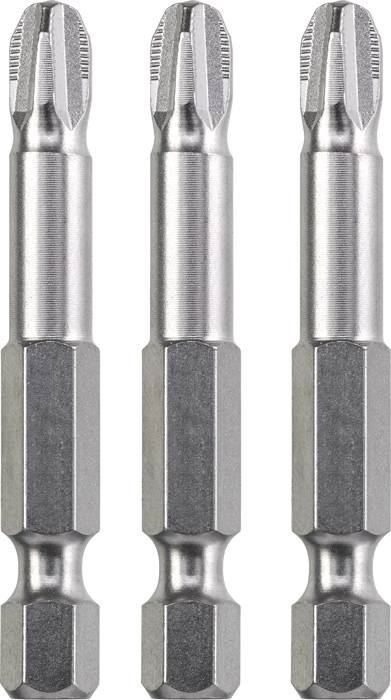 Drei identische Kreuzschlitz-Schraubendreher-Bits, nebeneinander aufrecht stehend.