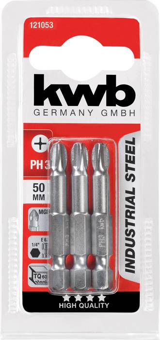 Drei PH3-Schrauberbits in Kunststoffverpackung. Länge: 50 mm. Marke: kwb. Material: Industrieveredelter Stahl. Hohe Qualität.