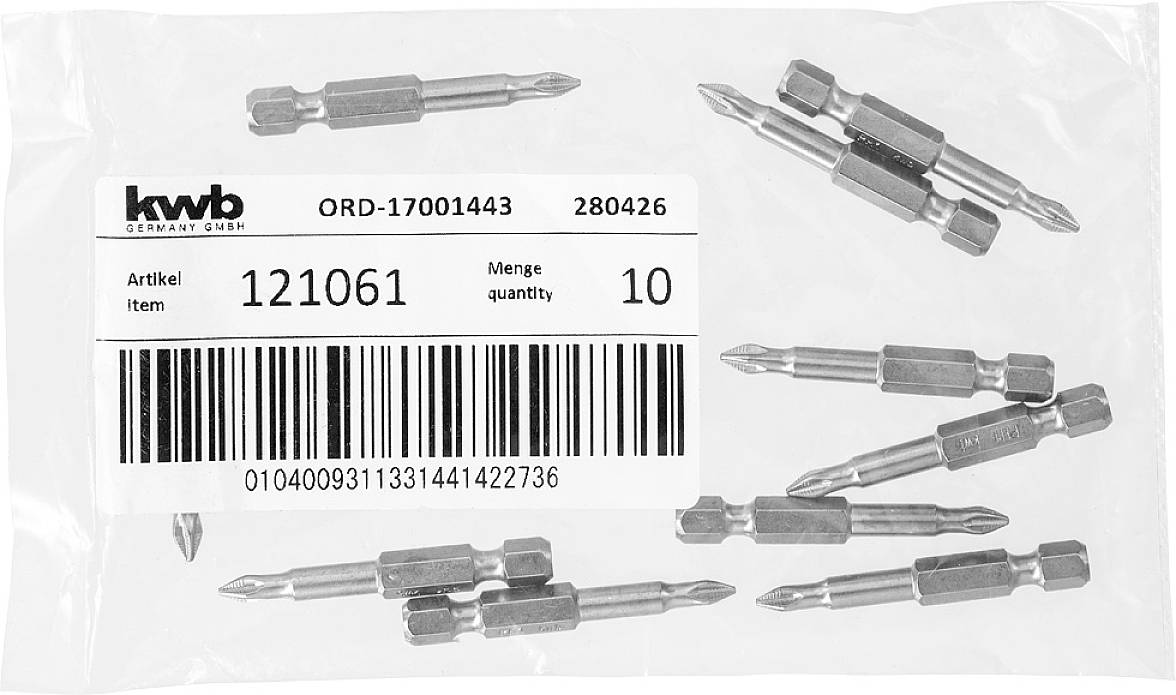 Tütchen mit neun doppelseitigen Schraubendrehereinsätzen und einem Etikett mit Produktnummer, Menge und Barcode.
