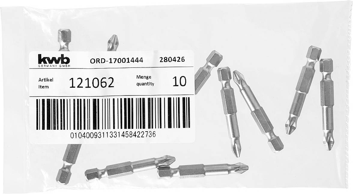 Tüte mit Bits. Etikett zeigt: 'Artikel 121062', 'Menge 10'. Enthält mehrere Schraubendreher-Bits. Barcode unten.