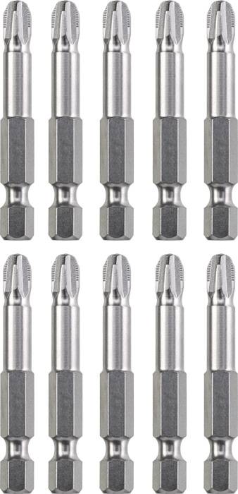 Zehn identische Schraubendreher-Bits aus Metall, gleichmäßig in zwei Reihen angeordnet.