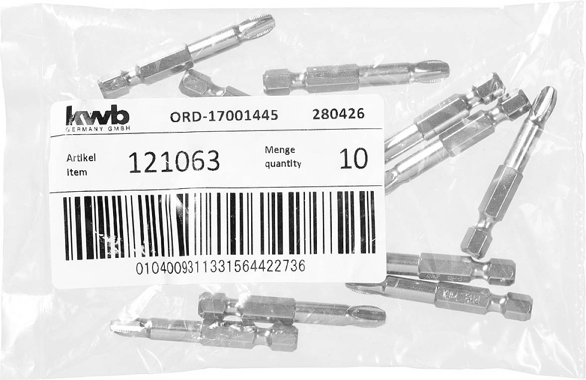 Tüte mit zehn Schraubendrehereinsätzen von kwb mit Artikelnummer 121063, Barcode 0104009311331564422736.