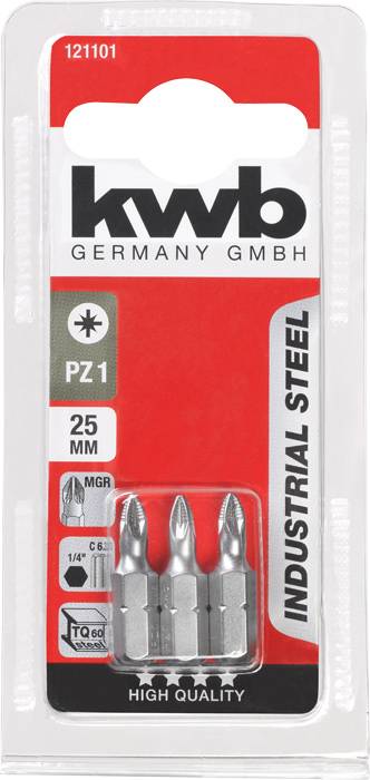 Verpackung mit vier Schraubendreher-Bits PZ1 von kwb, 25 mm Länge, industrieller Stahl, geeignet für 1/4 Zoll Aufnahme, hochwertige Qualität.
