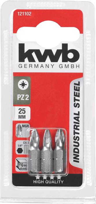 Packung mit drei PZ2 Schrauberbits aus Edelstahl, 25 mm lang, von KWB Germany GmbH, geeignet für Industrieanwendungen.