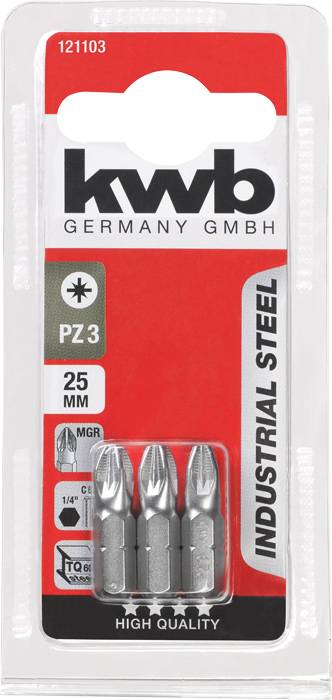 Drei PZ3 Schrauberbits aus Stahl, 25 mm, verpackt in einer Blisterpackung, geeignet für industrielle Anwendungen.