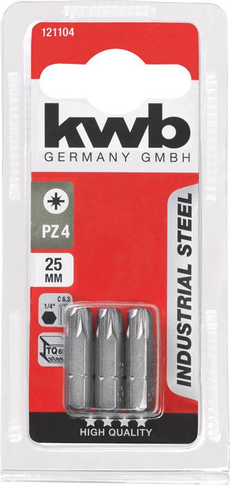 Darstellung einer Verpackung von Schraubenzieher-Bits der Marke kwb. Enthält drei PZ4 Bits aus Industrie-Stahl, 25 mm Länge.