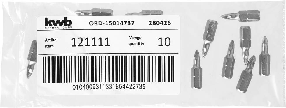 Plastiktüte mit Bit-Set von 'kwb Germany GmbH', 10 Stück, Artikelnummer 121111, neben Artikelnummer und Strichcode aufgedruckt.