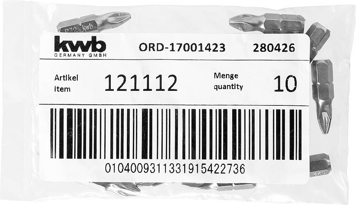 Plastiktüte mit Bits, Aufschrift: 'Artikel 121112, Menge 10', Barcode unten, KWB-Logo oben links.