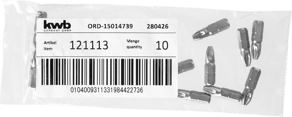 Plastiktüte mit schwarzen Schraubendrehereinsätzen. Etikett zeigt Artikelnummer 121113 und Menge 10. Enthält Barcode.