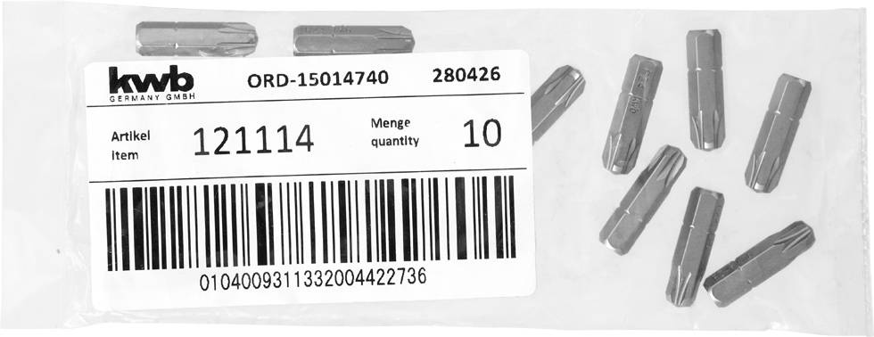 Tüte mit zehn Schraubendreherbits. Etikett zeigt Artikelnummer '121114', Menge '10' und Barcode. Marke 'kwb Germany GmbH'.