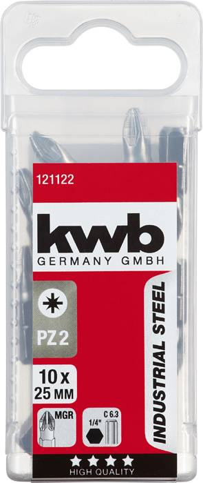 Bohrerbitsatz 'kwb Germany GmbH', Typ PZ2, 10 Stück à 25 mm, industrieller Stahl, für MGR-Schrauben und 1/4"-Halter.