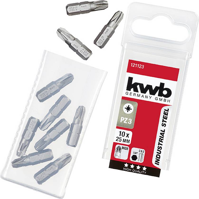 'kwb Germany GmbH' Schrauberbits-Set, 10 Stück, Größe PZ3, 25 mm Länge, aus Industriestahl in transparenter Kunststoffverpackung.