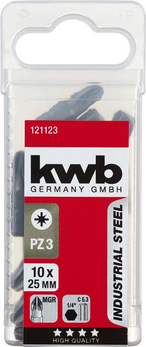 Verpackung von kwb Germany GmbH mit 10 Stück PZ3 Bits aus Industriestahl, 25 mm lang, hohe Qualität, Produktnummer 121123.