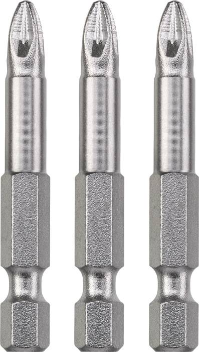 Drei identische Kreuzschlitz-Bits aus Metall, nebeneinander angeordnet, geeignet für Schraubendreher.