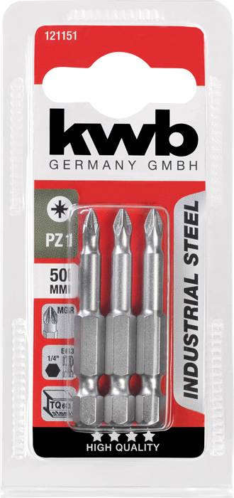 Drei PZ1 Schraubendreheraufsätze 50 mm in einer Verpackung mit der Aufschrift 'Industrial Steel' und 'High Quality'.