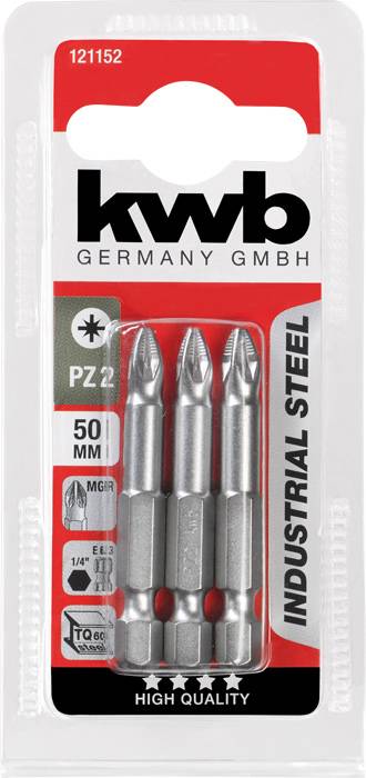 Drei Schraubendreher-Bits PZ2, 50 mm, industrieller Stahl, hohe Qualität, verpackt in Plastik. Marke kwb Germany GmbH.