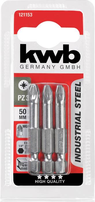 Drei PZ3-Schrauberbits aus Industriestahl, 50 mm lang, verpackt in Plastik. Oben 'kwb Germany GmbH', unten 'High Quality'.