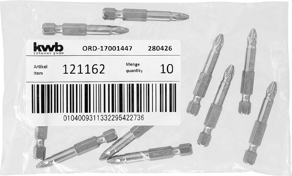 Verpackte Schraubendreher-Bits mit Etikett: 'Artikel 121162, Menge 10'. Enthält Barcode und Herstellerinformationen.