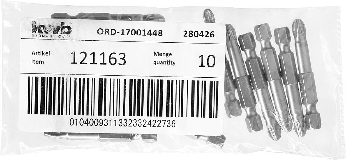 Eine Tüte mit zehn silbernen Schraubendreherbits. Die Verpackung zeigt den Artikelcode '121163' und einen Barcode.