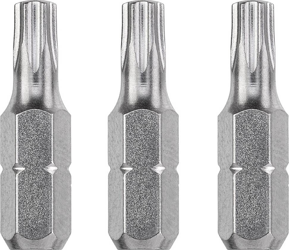 Drei silberne Torx-Schraubendreher-Bits nebeneinander, typischerweise zur Befestigung von Schrauben mit Torx-Kopf verwendet.