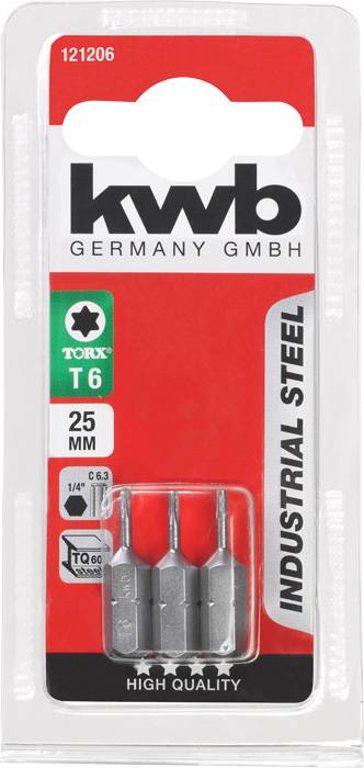 Verpackung mit drei Torx T6 Bits von KWB, 25 mm, industrieller Stahl, hohe Qualität, geeignet für präzise Schraubarbeiten.