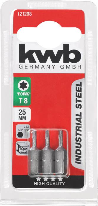 'kwb' Schraubendreher-Bitset, Modellnummer 121208, enthält Torx-Bits T8, 25 mm Länge, aus Industrie-Stahl, in Blisterverpackung.