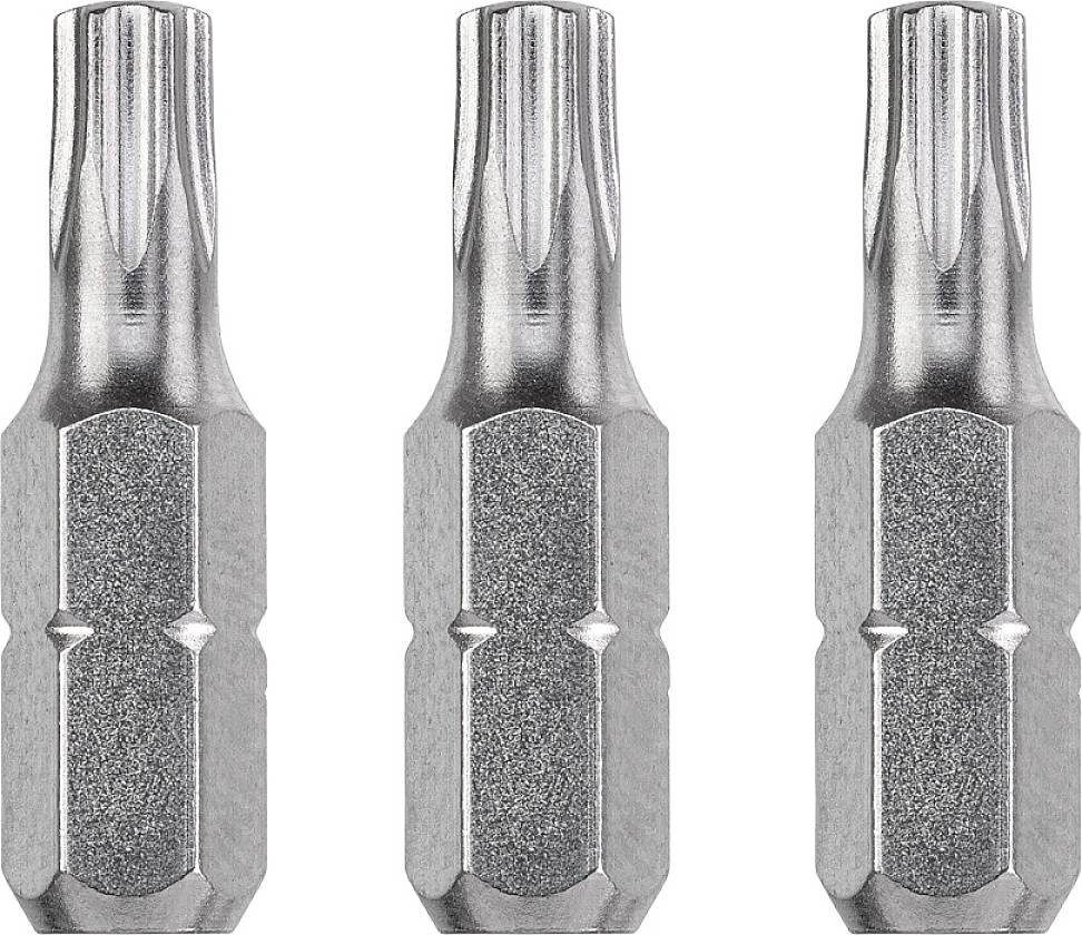 Drei identische Metallschraubspitzen, nebeneinander platziert, auf weißem Hintergrund; ideal für mechanische Aufgaben.