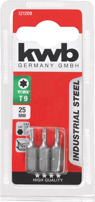 'Drei Torx-Bits T9, 25 mm, auf roter Verpackung mit Aufschrift 'kwb Germany GmbH Industrial Steel'.'
