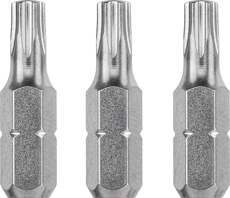 Drei silberne Torx-Schraubendreher-Bits in einer Reihe, identische Größe und Form, mit sternförmiger Spitze, auf weißem Hintergrund.