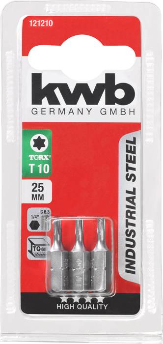 Industriestahl Bitsatz von kwb Germany GmbH, Torx T10, 25 mm. Enthält drei Bits. Geeignet für hochwertige Handwerksarbeiten.