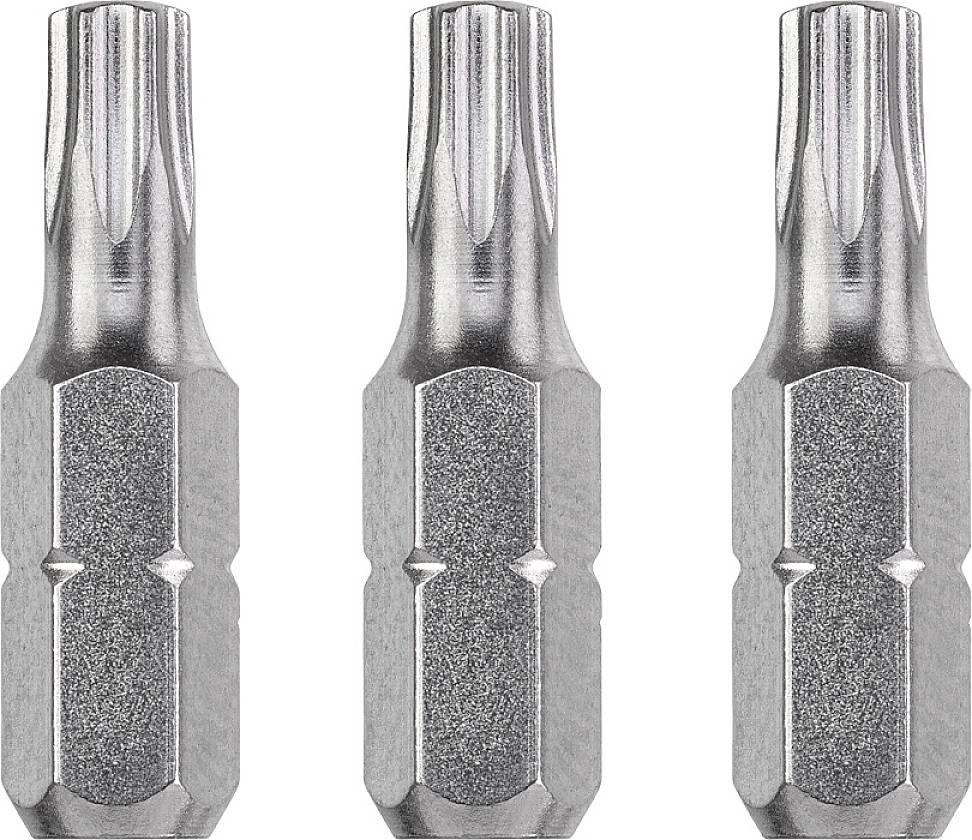 Drei identische Torx-Schraubendreher-Bits in einer Reihe, zeigen die Sterneform der Köpfe. Sie sind metallisch und glänzend.