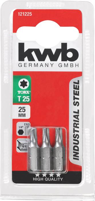 Drei Torx T25 Bits (25 mm) in einer Verpackung der Marke 'kwb Germany GmbH', gekennzeichnet als 'Industrial Steel' und 'High Quality'.