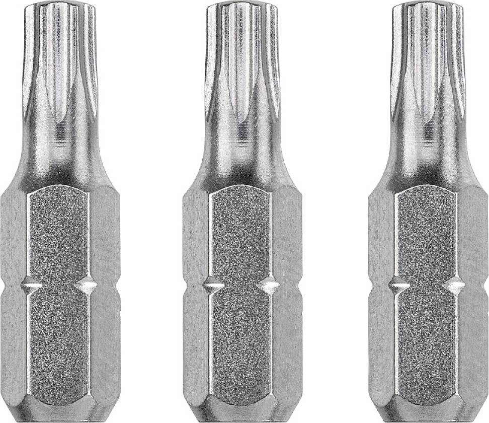Drei silberne Schraubendreher-Bits in sternförmigem Design, nebeneinander ausgerichtet vor einem neutralen Hintergrund.