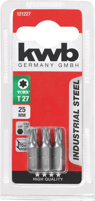 Packung mit drei 'kwb' Torx T27 Bits, 25 mm, aus Industriestahl. Auf rotem Hintergrund, geeignet für präzises Schrauben.