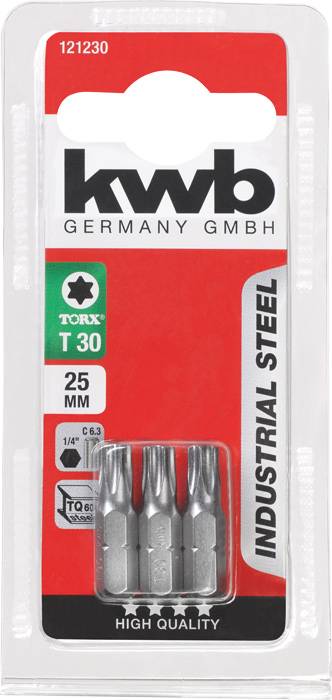 Verpackung mit drei Stahl-Bits der Größe T30, 25 mm lang, geeignet für Torx-Schrauben, mit der Aufschrift 'INDUSTRIAL STEEL'.