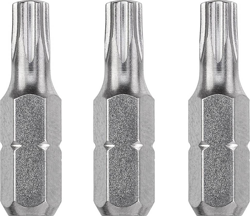 Drei silberne Schraubendreher-Bits mit sechseckiger Basis und sternförmiger Spitze, nebeneinander aufgereiht vor neutralem Hintergrund.