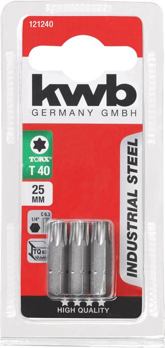 Verpackung mit drei Torx T40 Schraubendreher-Bits aus Industriestahl, 25 mm Länge, markiert als 'High Quality', von kwb Germany.