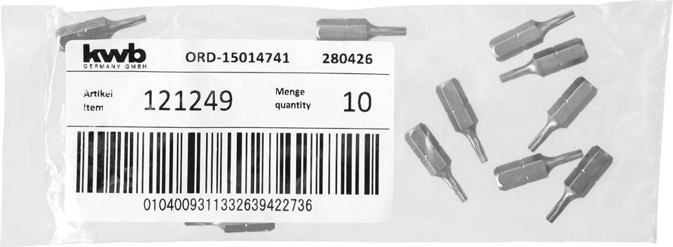 Plastiktüte mit Schraubendreher-Bits. Etikett zeigt: 'Artikelnummer: 121249', 'Menge: 10', 'Barcode'. Marke: 'kwb Germany GmbH'.