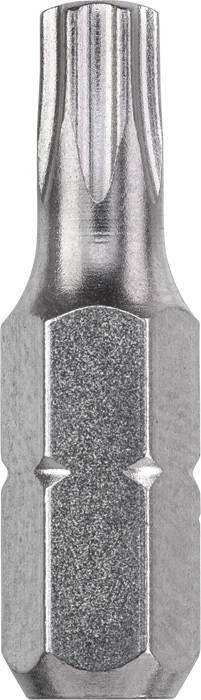 Ein silberner Schraubendreherbit mit einem geriffelten Kopf und einem sechskantigen Schaft, geeignet für Metallarbeiten.