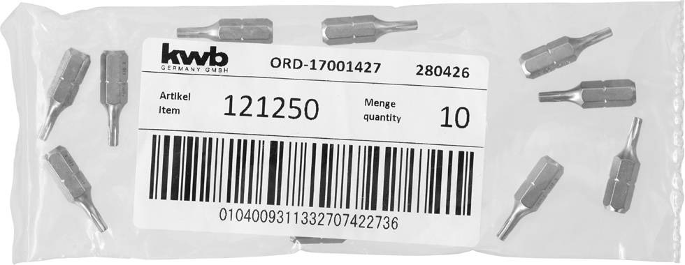 Tüte mit zehn Bits, gekennzeichnet mit Artikelnummer '121250', inklusive Barcode und Herstellerangabe.
