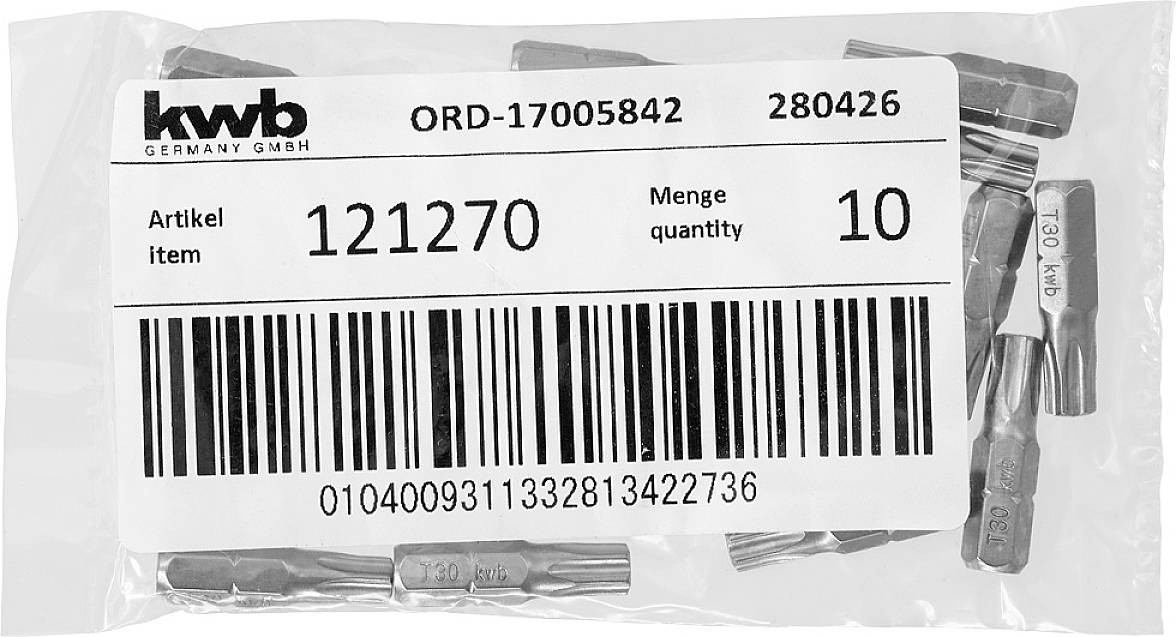 Eine Tüte mit Schrauberbits der Marke kwb. Auf dem Etikett steht: 'Artikel 121270', 'Menge 10'. Strichcode unten.