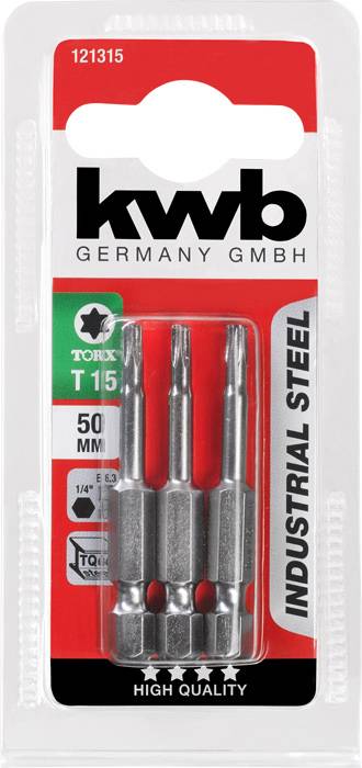 Verpackung mit drei Torx-Bits der Größe T15, 50 mm Länge, hergestellt von KWB Germany. Geeignet für Industriestahl.