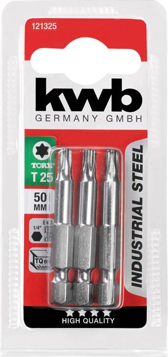 'Drei Torx T25 Bits, 50 mm, industrieller Stahl, verpackt in einer transparenten Blisterpackung mit der Aufschrift "kwb Germany".'
