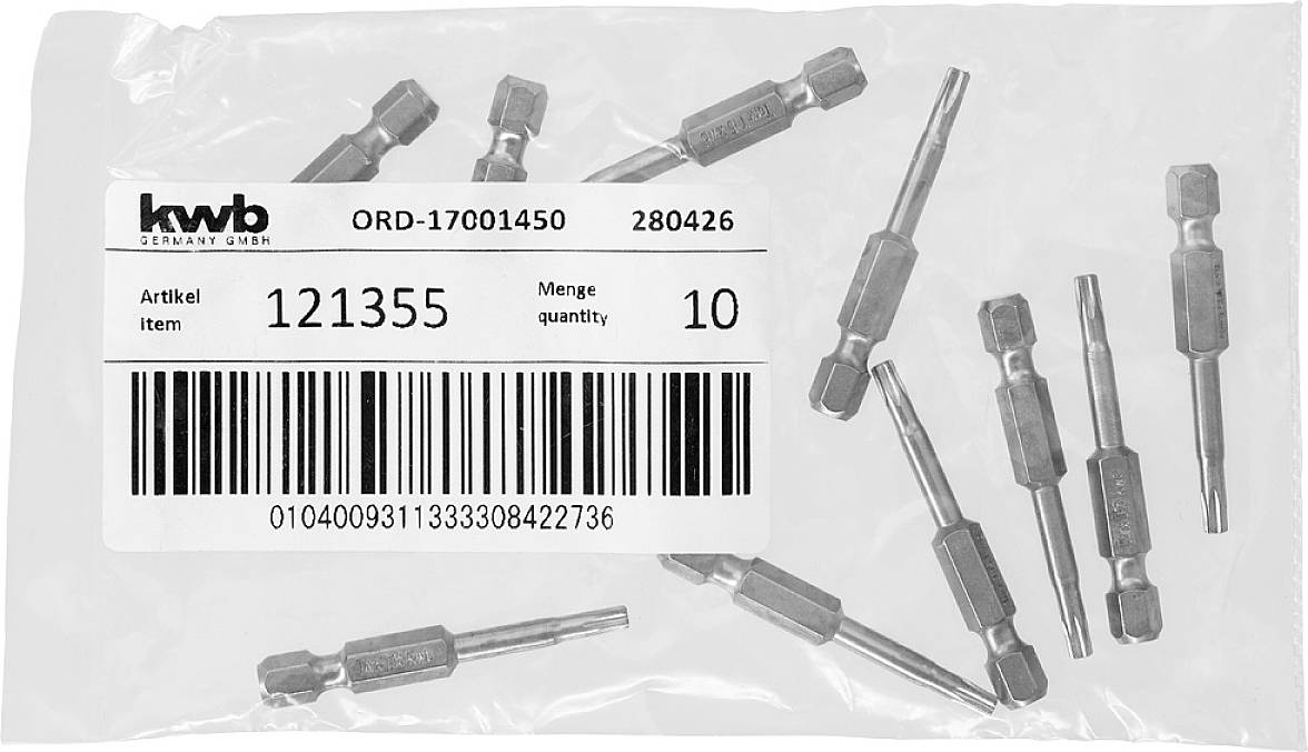 Eine Plastiktüte mit mehreren Bohrbits. Etikett zeigt 'kwb Germany GmbH', Artikelnummer '121355', Menge '10', Barcode vorhanden.