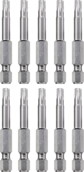 Zehn identische Schraubendreher-Bits aus Metall sind in zwei Reihen zu je fünf angeordnet. Sie sind silbrig-grau und sechskantig.