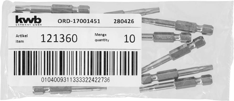 Tüte mit mehreren Bit-Aufsätzen, Etikett zeigt 'Artikelnr. 121360', Menge '10', 'ORD-17001451'.