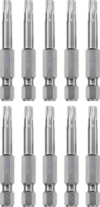 Zehn identische silberne Bohrschrauber-Bits, gleichmäßig in zwei Reihen angeordnet, auf weißem Hintergrund.