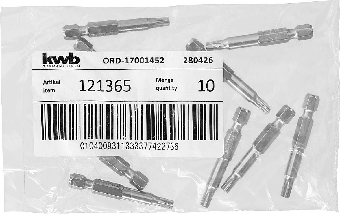 Eine Packung mit zehn Schraubendreher-Bits von kwb, Artikelnummer 121365, verpackt in einer transparenten Plastiktüte.